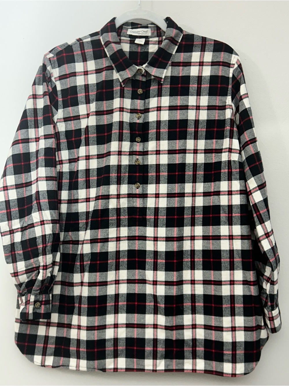 Coldwater Creek Women’s Pullover Black White & Red Plaid 1/4 ButtonTunic Size L